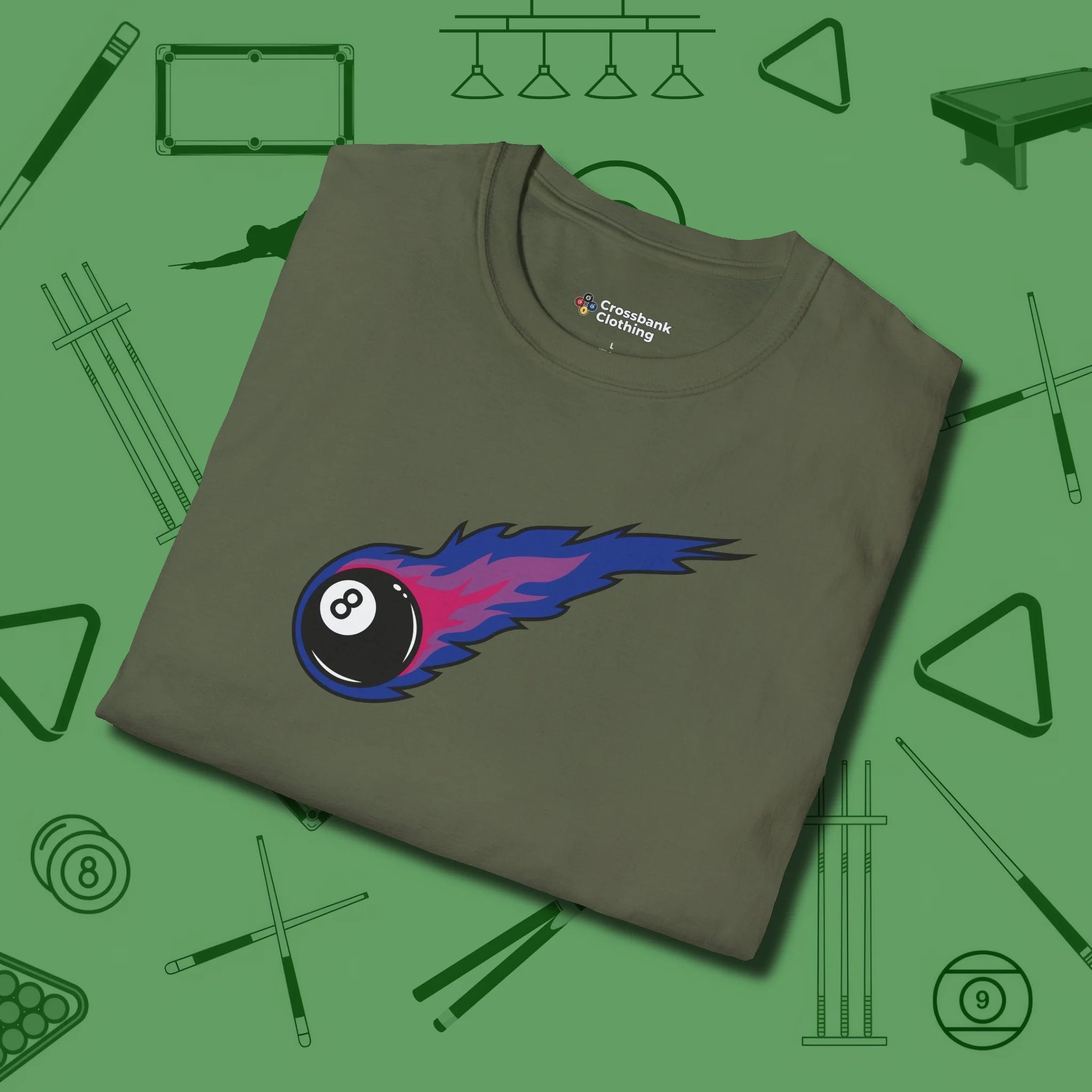 Eight Ball Comet T-Shirt, folded view, in Military Green look good while calling your pocket