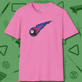 Eight Ball Comet T-Shirt, front view, in Azalea classic cue style, no gimmicks