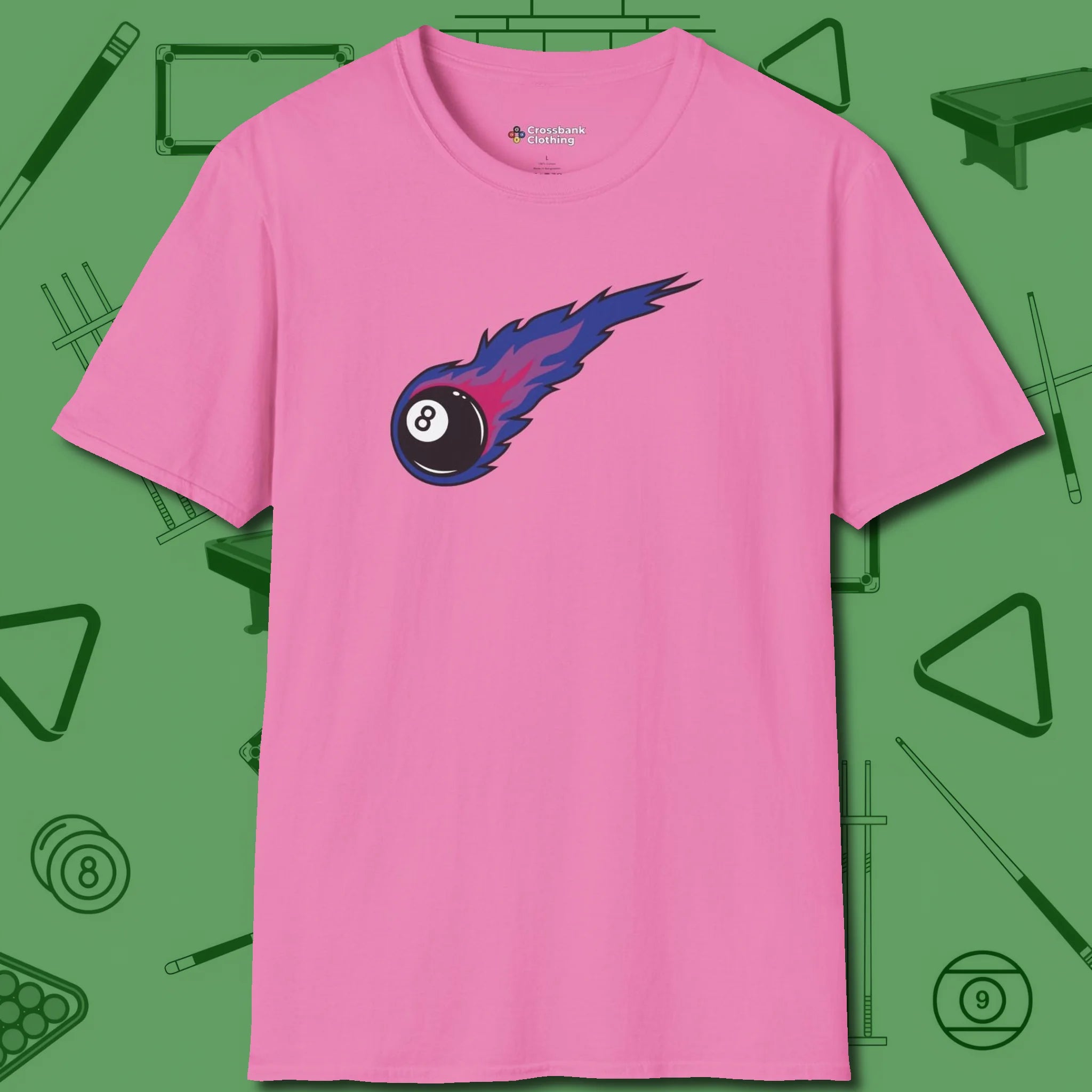 Eight Ball Comet T-Shirt, front view, in Azalea classic cue style, no gimmicks