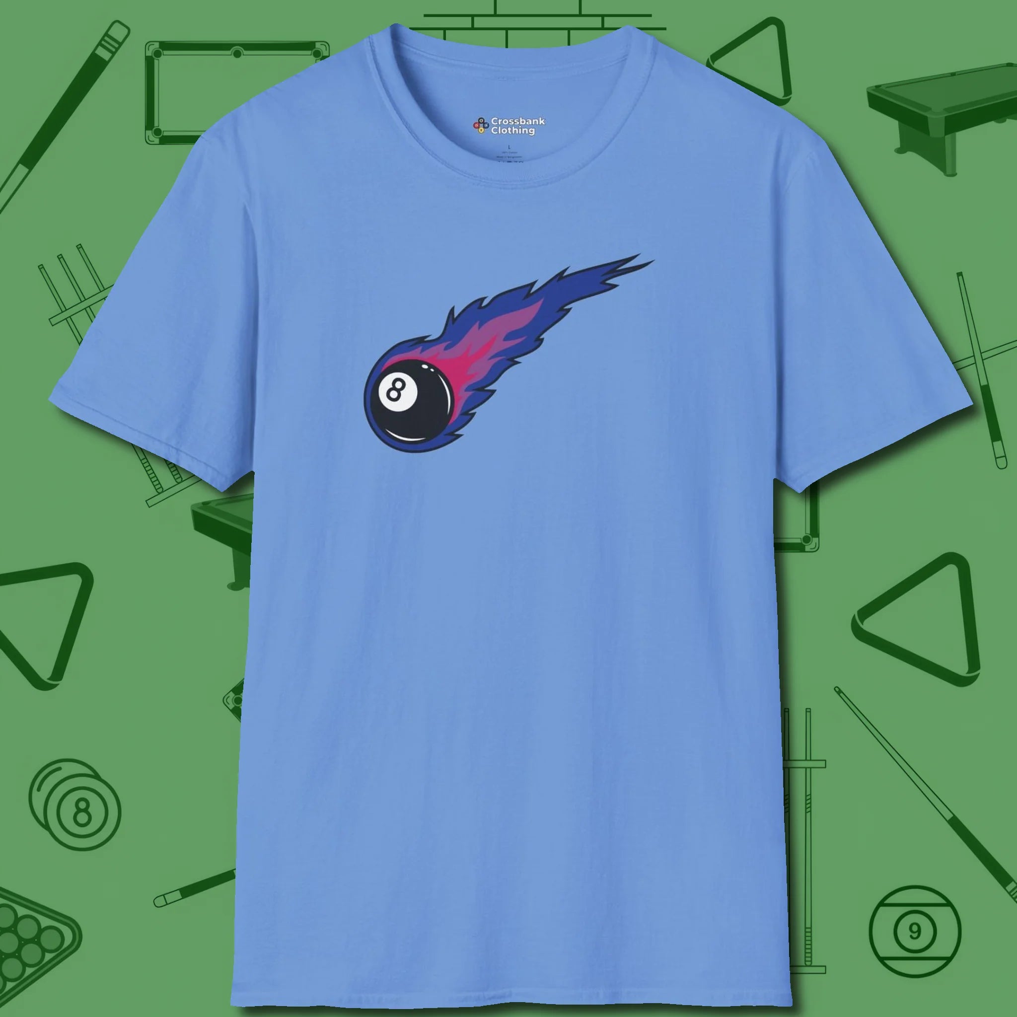 Eight Ball Comet T-Shirt, front view, in Carolina Blue what the real shooters wear