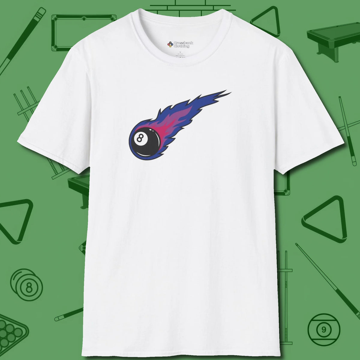 Eight Ball Comet T-Shirt, front view, in White stitched for cue discipline and cool confidence
