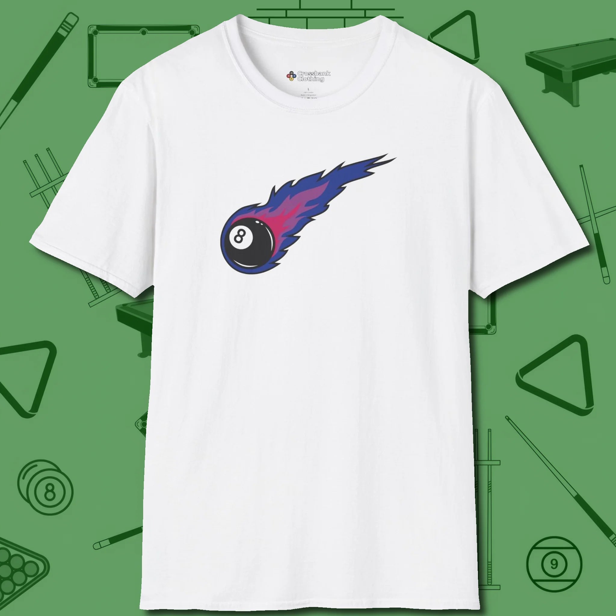 Eight Ball Comet T-Shirt, front view, in White stitched for cue discipline and cool confidence