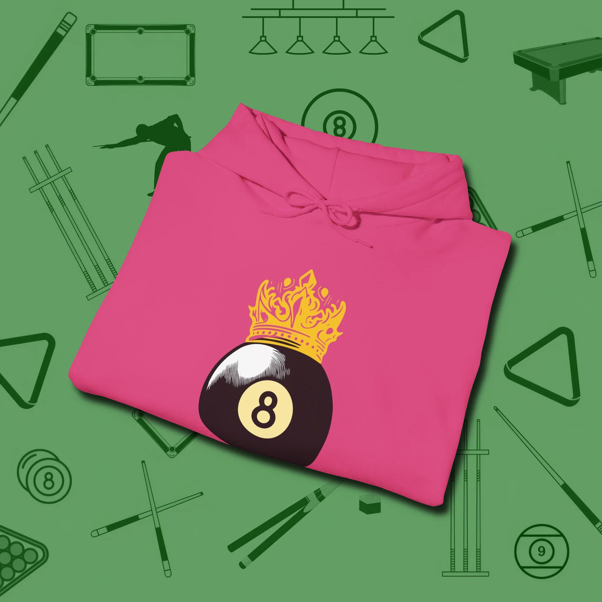 Eight Ball Crown Hoodie, folded view, in Heliconia confidence stitched in every seam