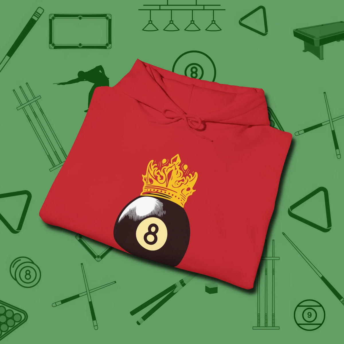 Eight Ball Crown Hoodie, folded view, in Red the shirt that plays position