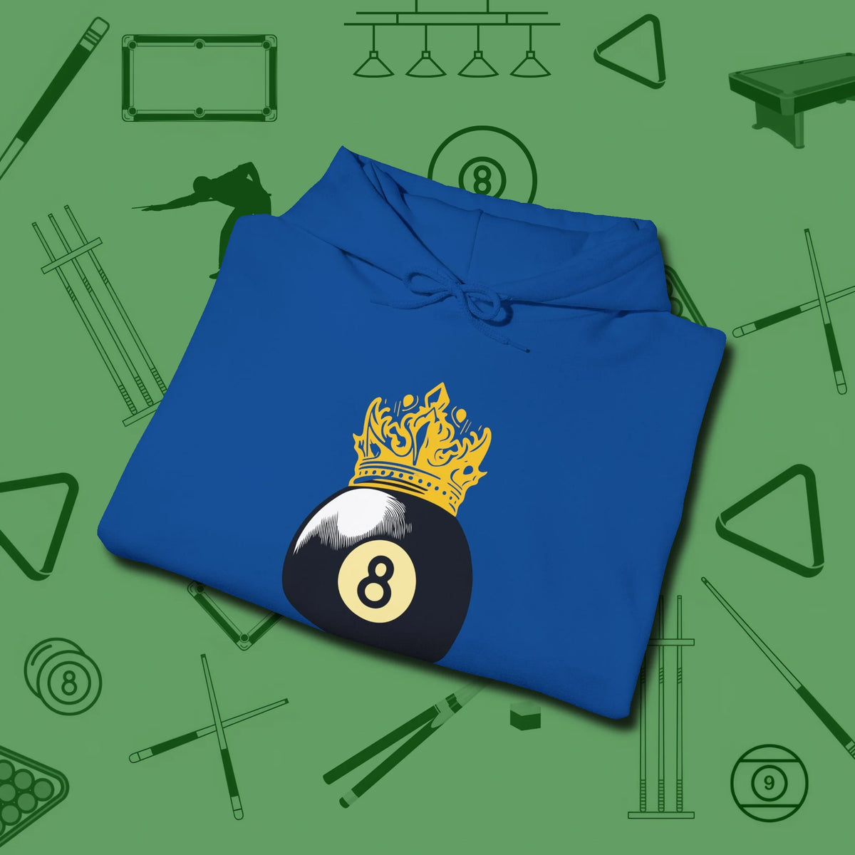 Eight Ball Crown Hoodie, folded view, in Royal because pool isn’t just a game — it’s who you are