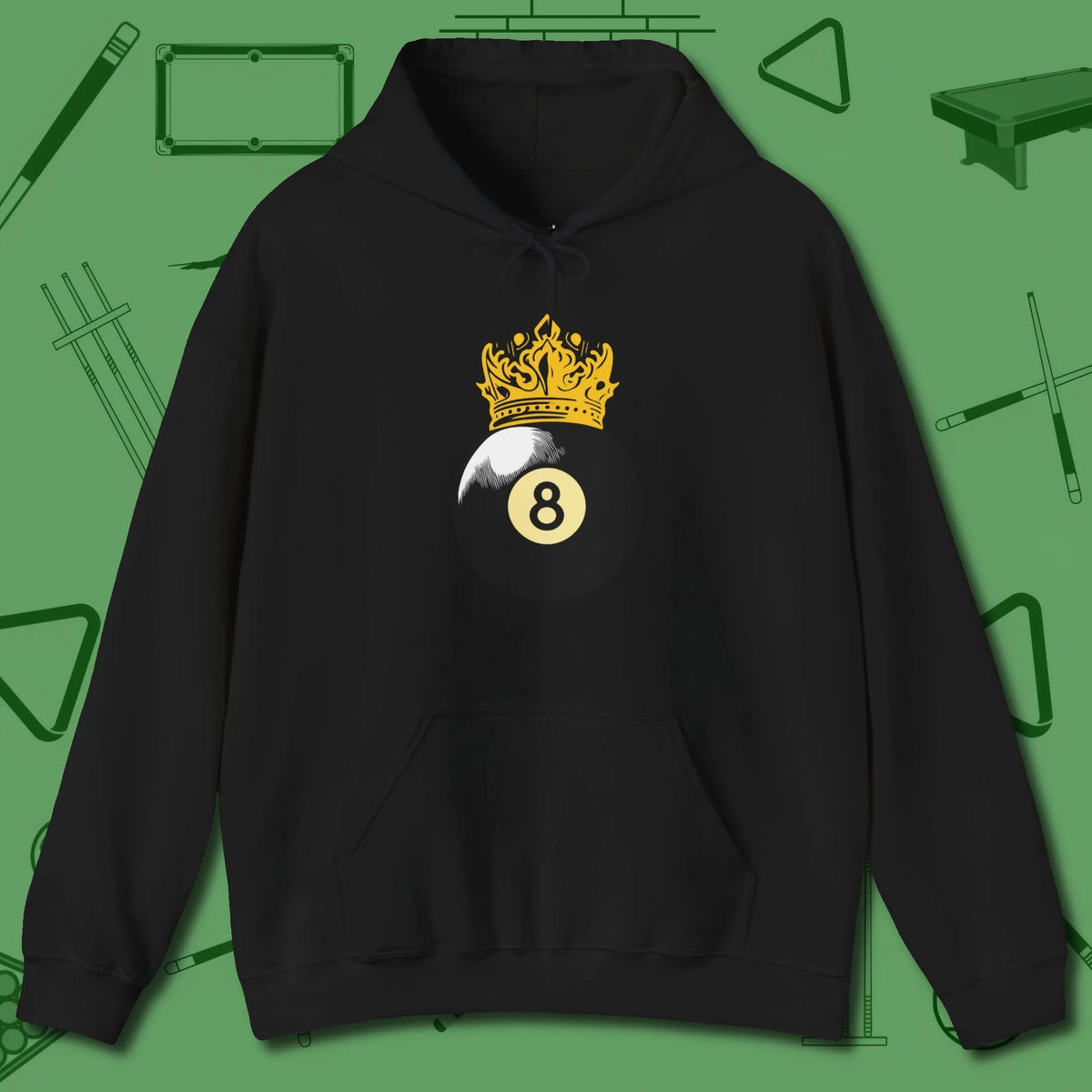 Eight Ball Crown Hoodie, front view, in Black put your best game on display