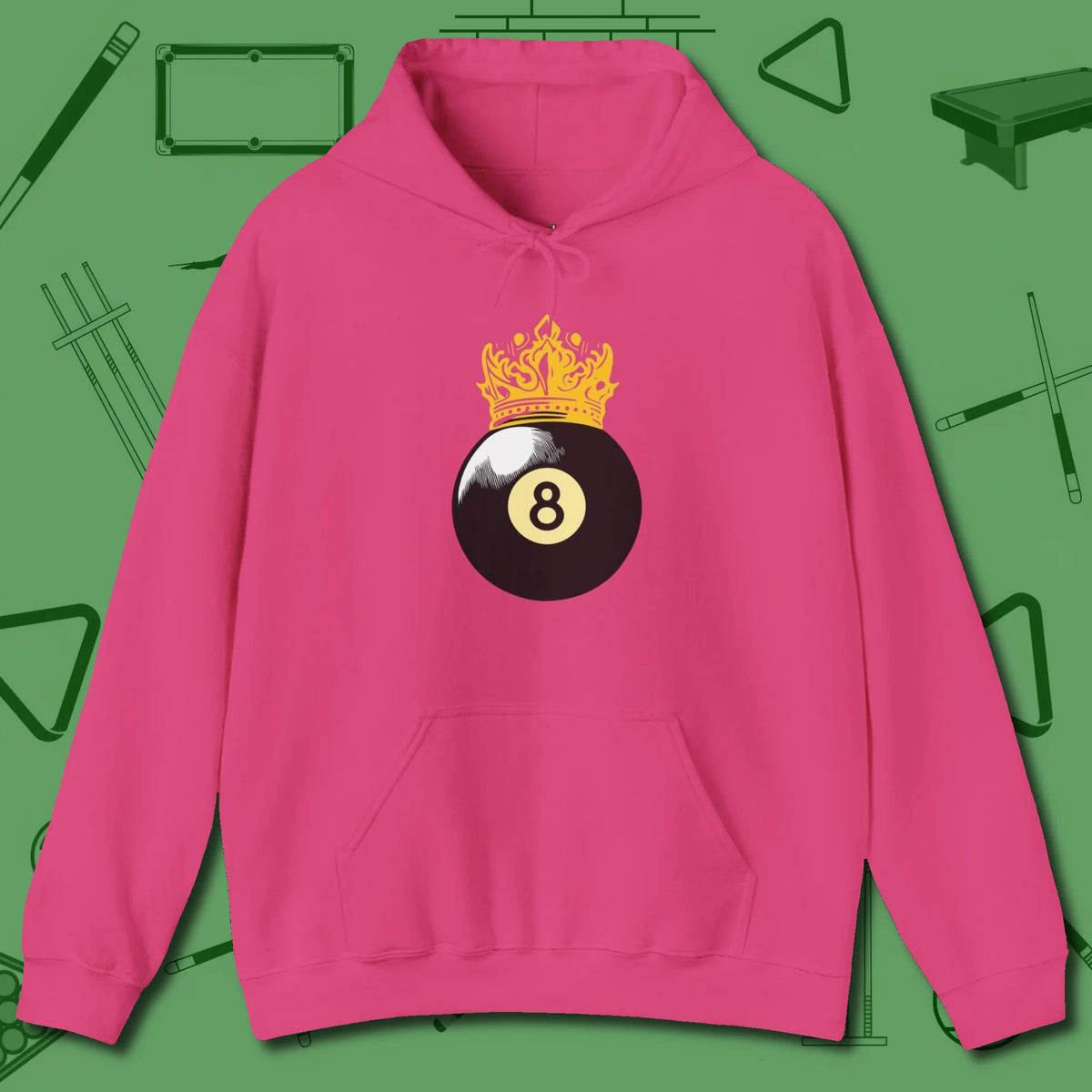 Eight Ball Crown Hoodie, front view, in Heliconia cool under pressure, hot on the eyes