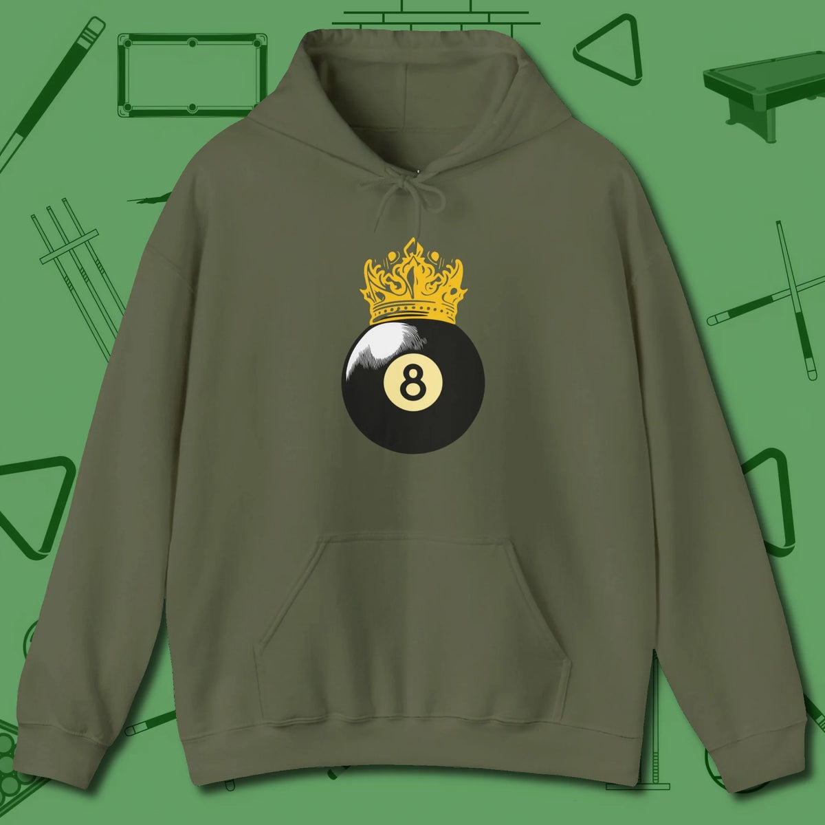 Eight Ball Crown Hoodie, front view, in Military Green play in style, win in silence