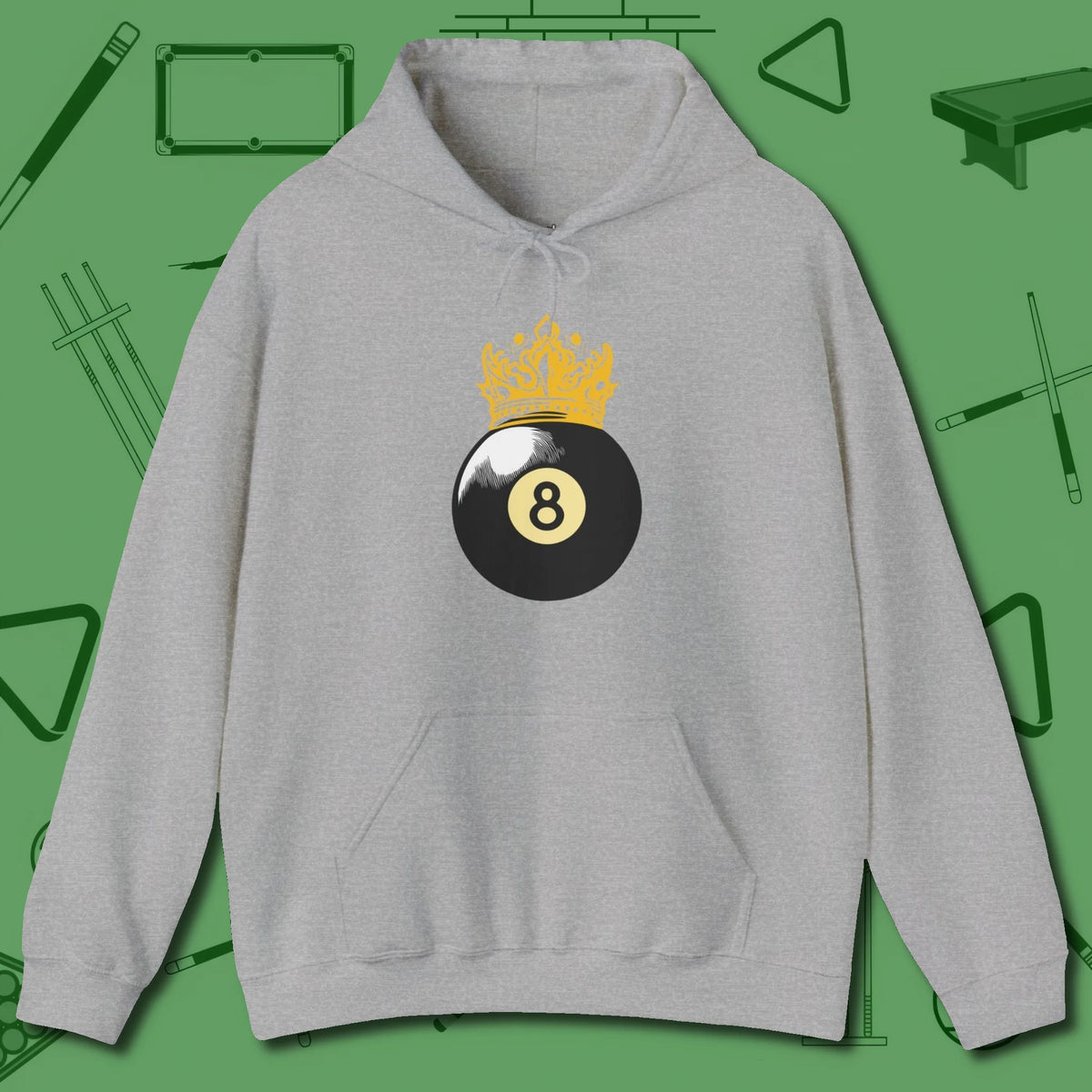 Eight Ball Crown Hoodie, front view, in Sport Grey clean lines for dirty minds
