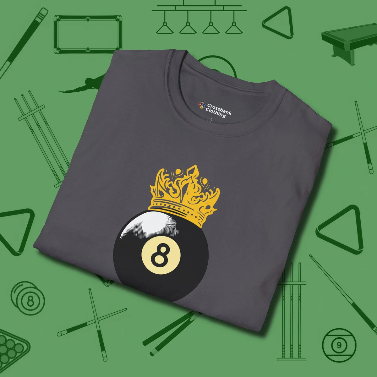 Eight Ball Crown T-Shirt, folded view, in Charcoal the official uniform of the after-hours crew