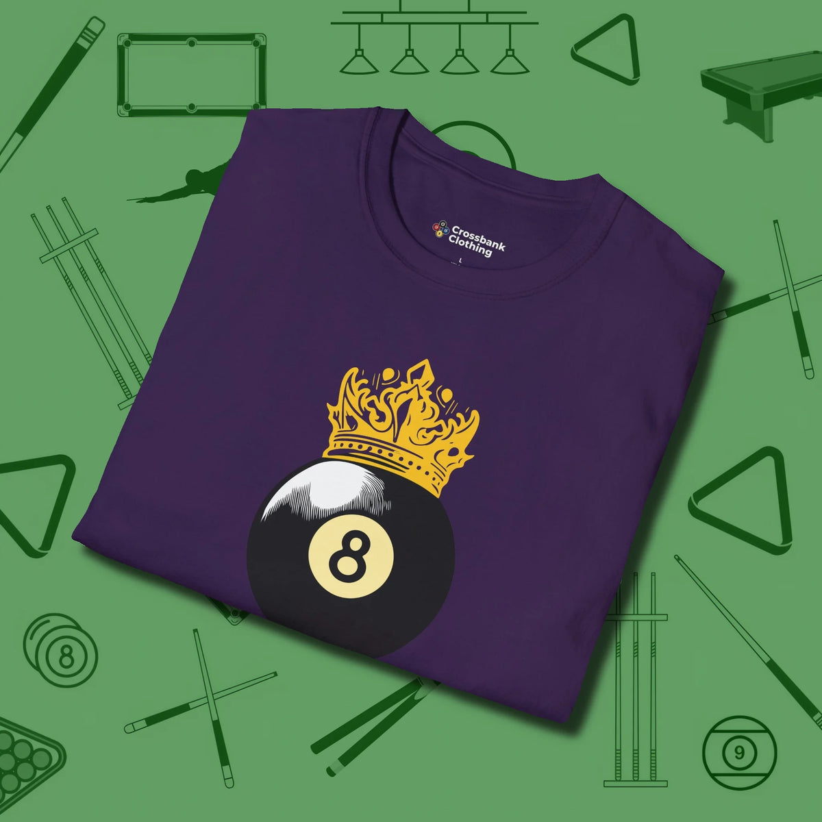 Eight Ball Crown T-Shirt, folded view, in Purple break, run out, turn heads — repeat