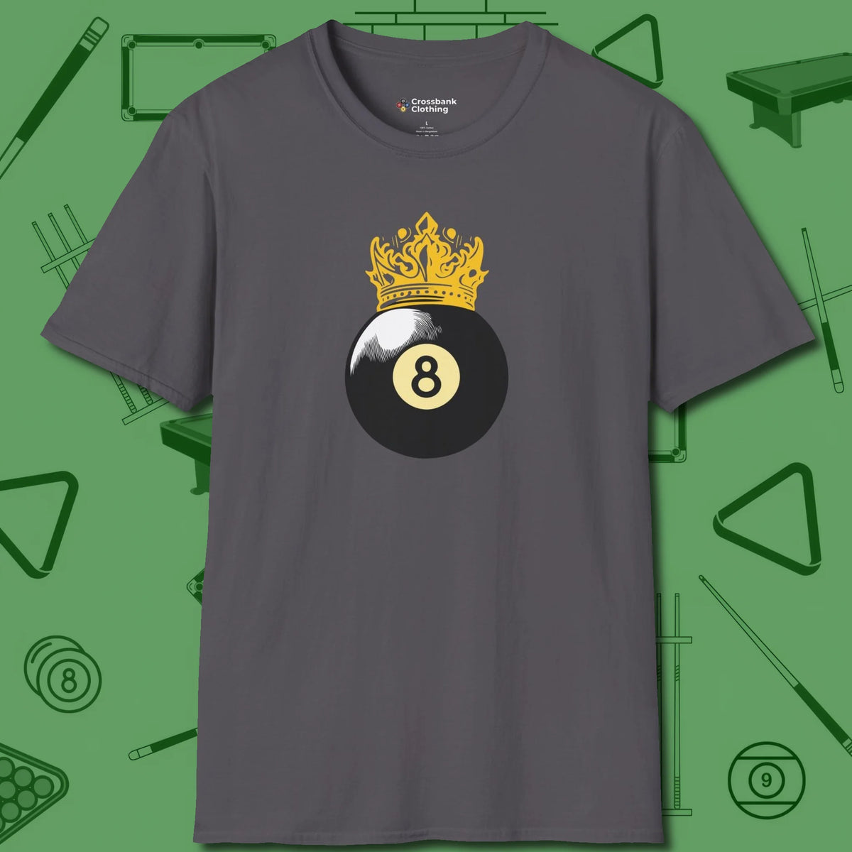 Eight Ball Crown T-Shirt, front view, in Charcoal precise, confident, always in control