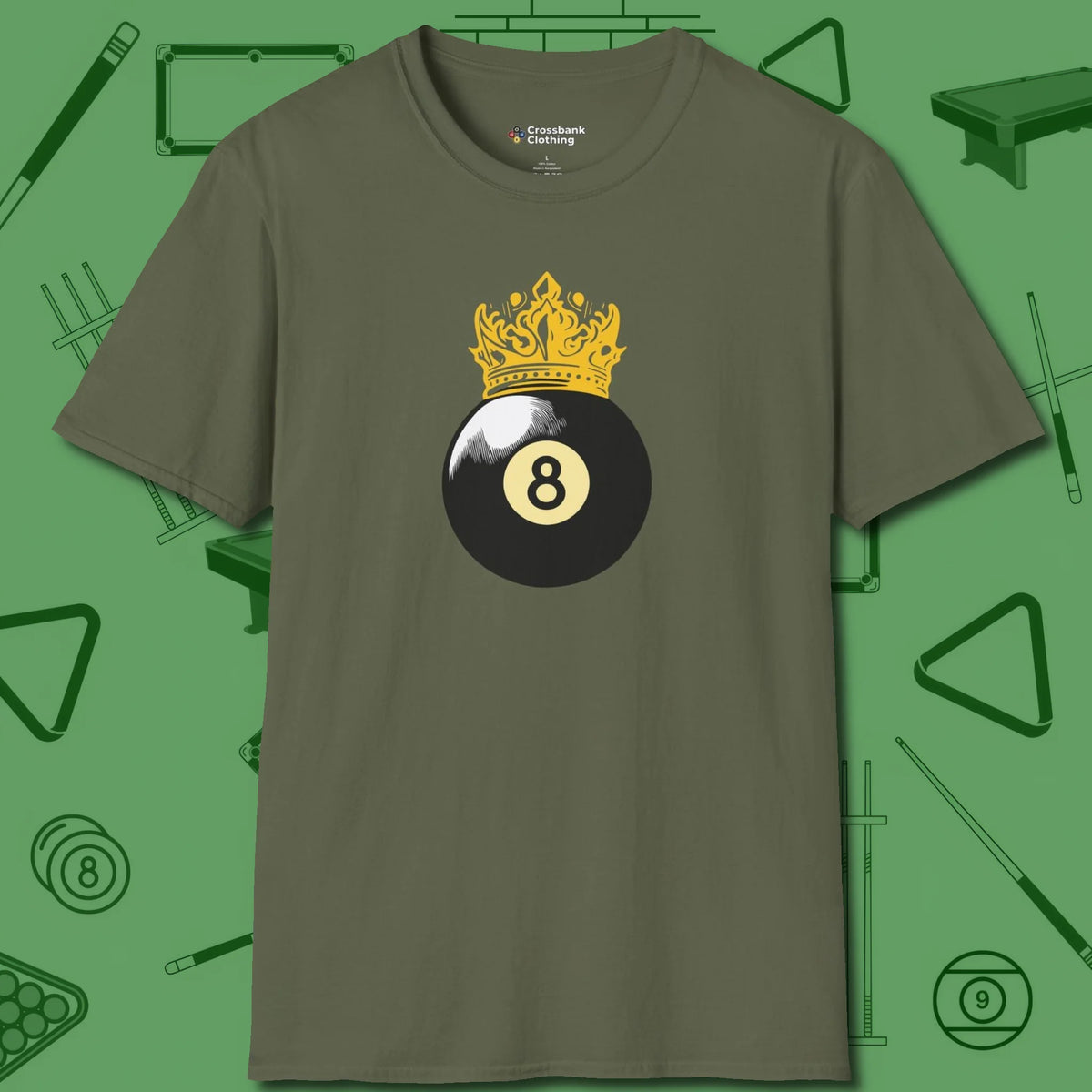 Eight Ball Crown T-Shirt, front view, in Military Green for players who live the game