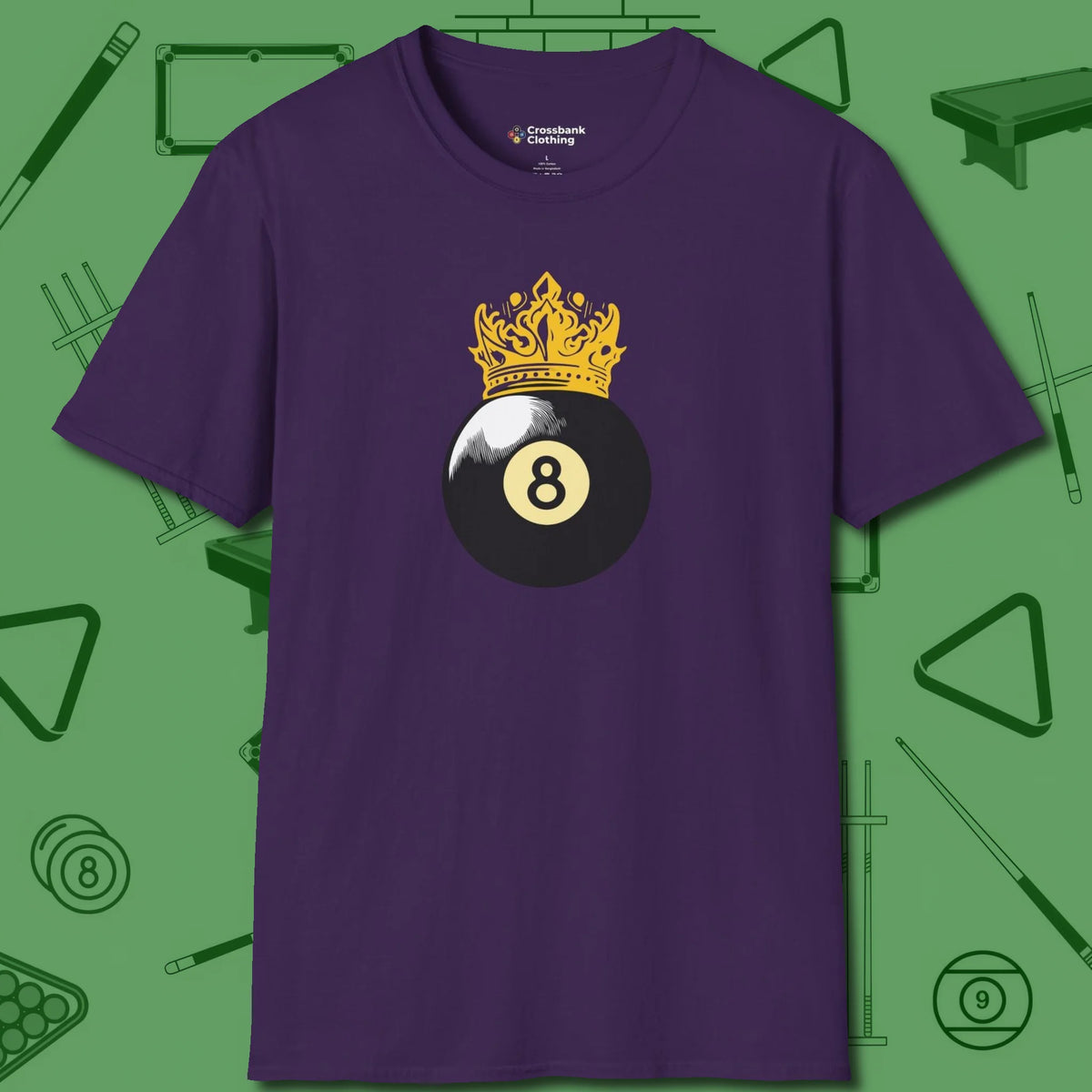 Eight Ball Crown T-Shirt, front view, in Purple for hustlers who keep it honest