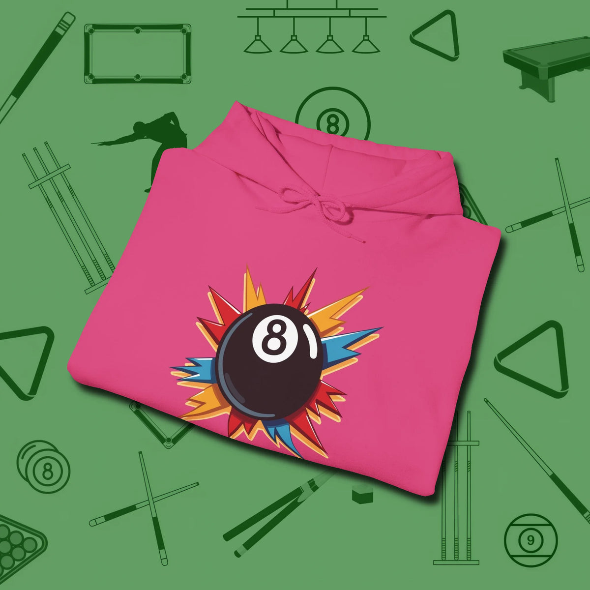 Eight Ball Excitement Hoodie, folded view, in Heliconia your go-to shirt for league night victories