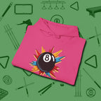 Eight Ball Excitement Hoodie, folded view, in Heliconia your go-to shirt for league night victories