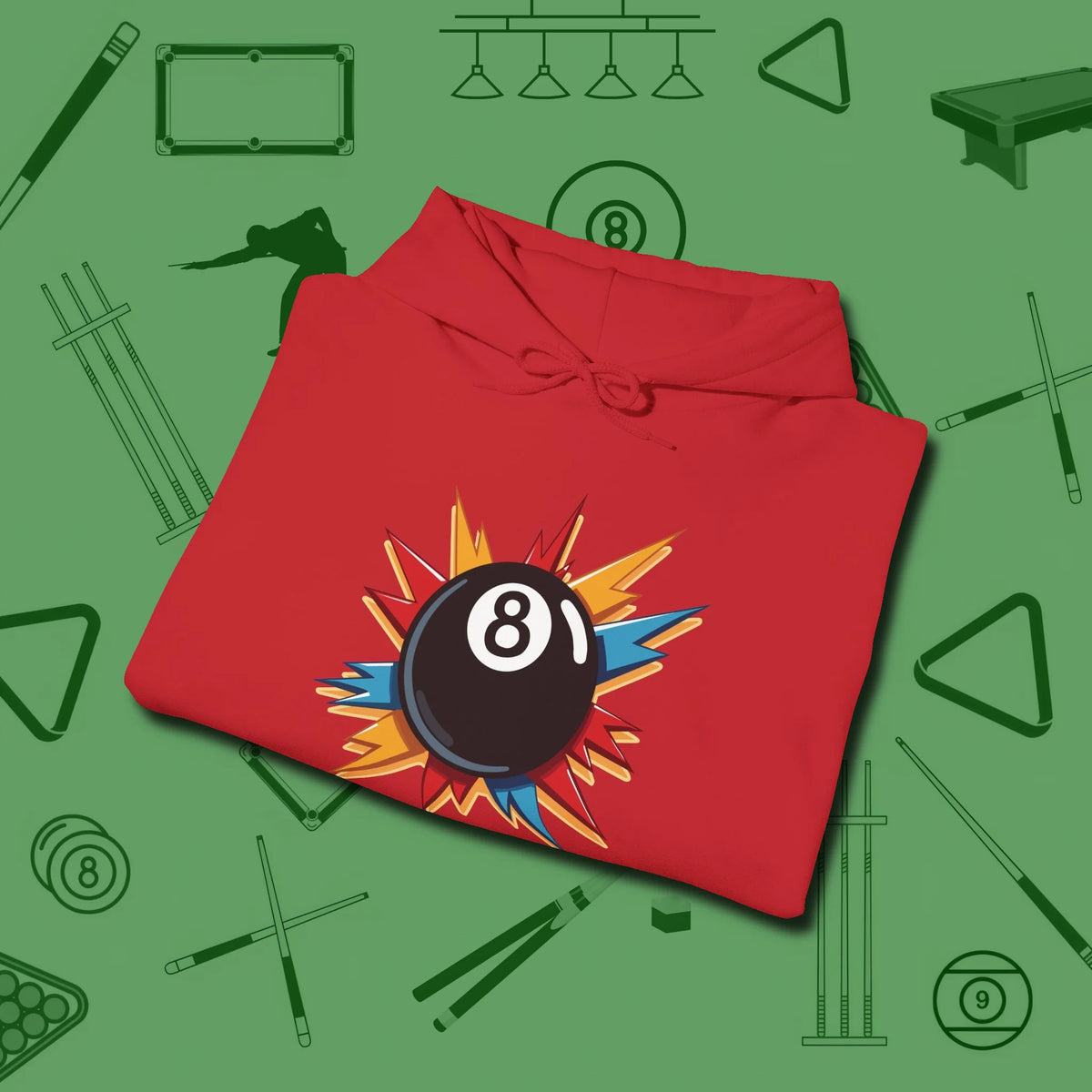 Eight Ball Excitement Hoodie, folded view, in Red perfect for players with quiet fire