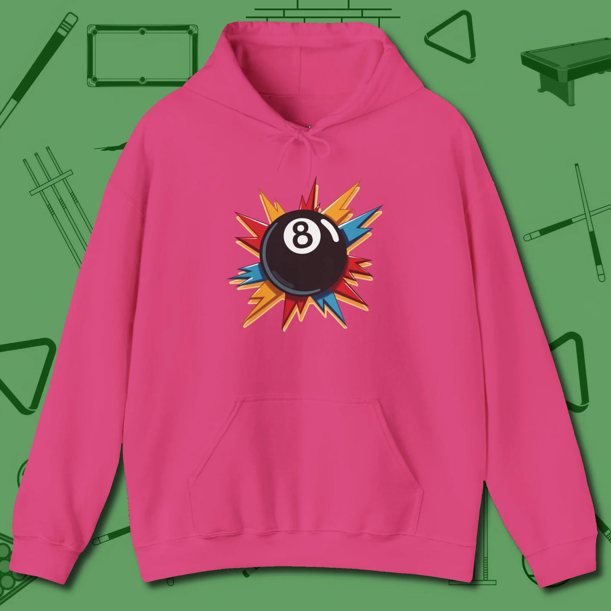 Eight Ball Excitement Hoodie, front view, in Heliconia what champions wear between racks