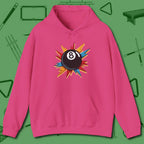 Eight Ball Excitement Hoodie, front view, in Heliconia what champions wear between racks