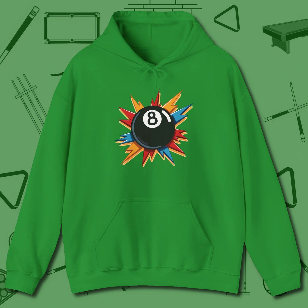 Eight Ball Excitement Hoodie, front view, in Irish Green clean lines for dirty minds