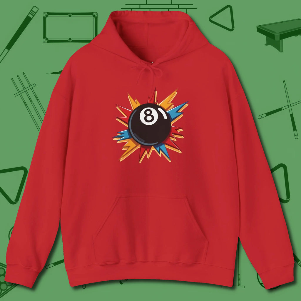 Eight Ball Excitement Hoodie, front view, in Red tough like your favorite break cue