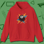 Eight Ball Excitement Hoodie, front view, in Red tough like your favorite break cue