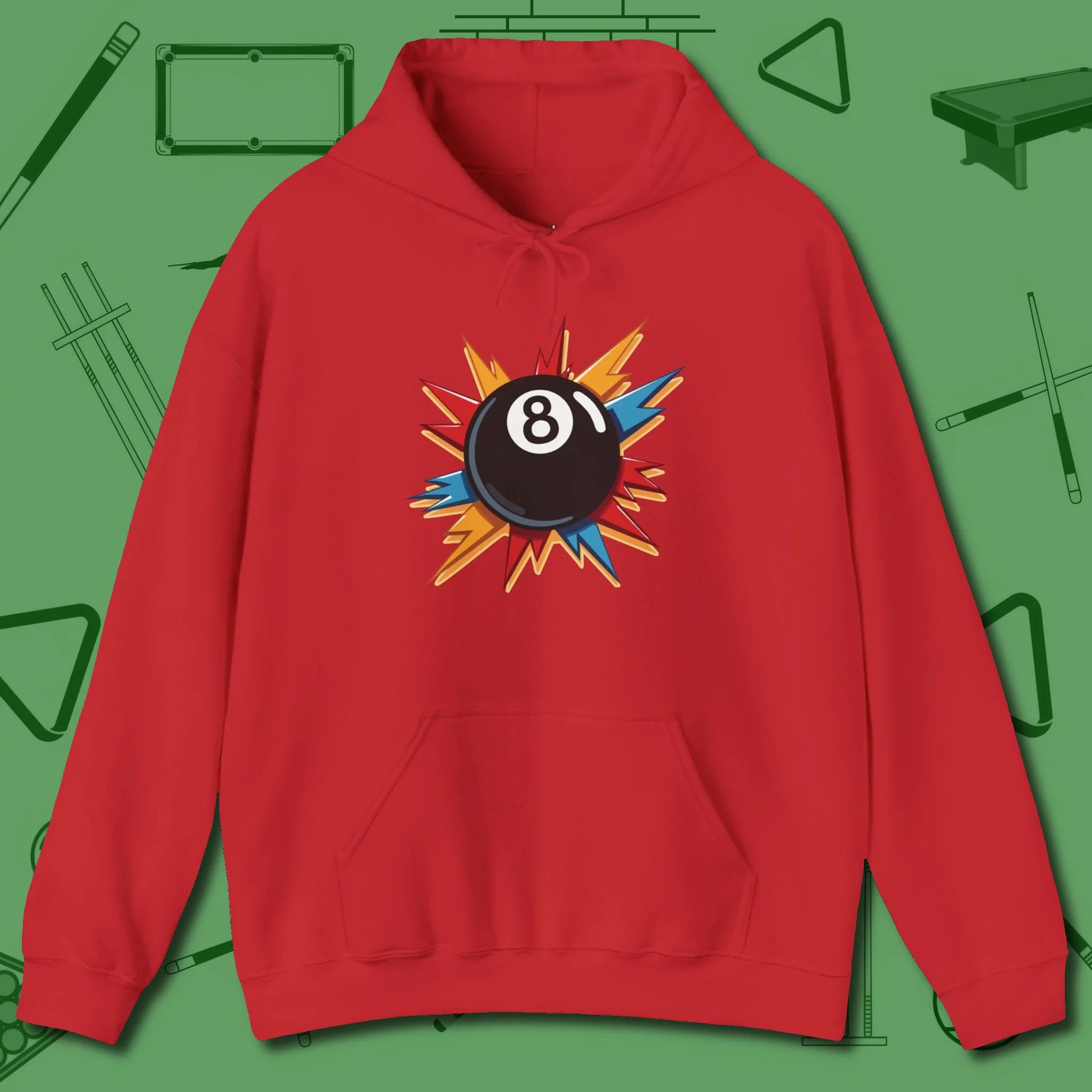 Eight Ball Excitement Hoodie, front view, in Red tough like your favorite break cue