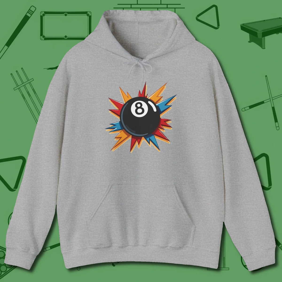 Eight Ball Excitement Hoodie, front view, in Sport Grey the official uniform of the after-hours crew