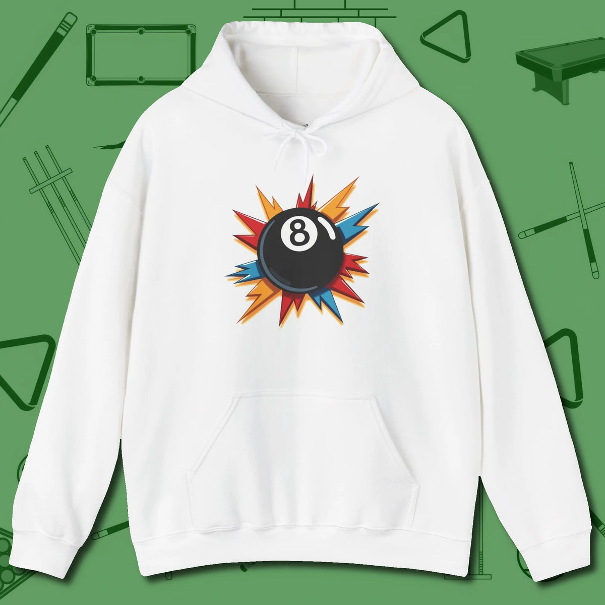 Eight Ball Excitement Hoodie, front view, in White dress for the shot you want to take