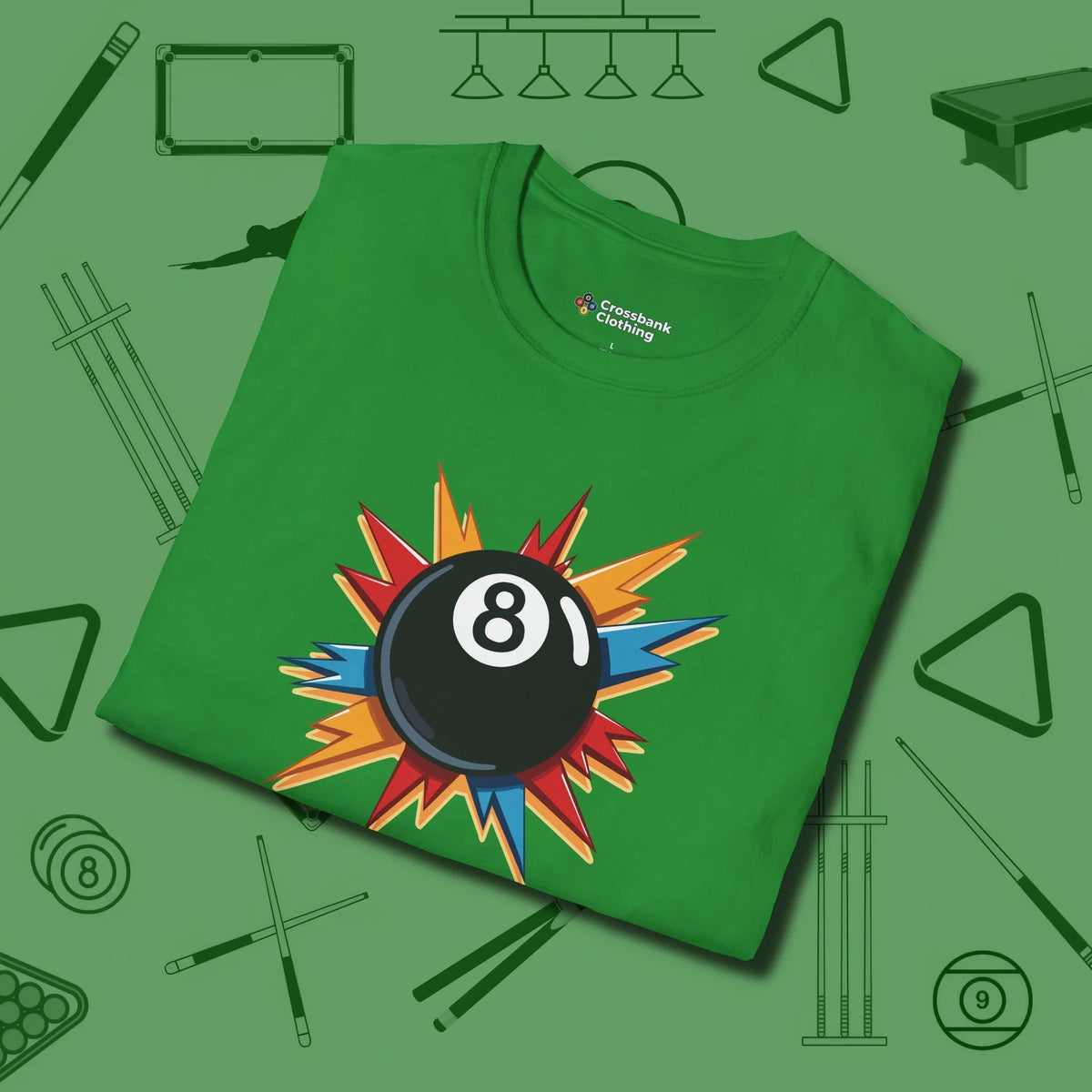 Eight Ball Excitement T-Shirt, folded view, in Irish Green fashion with break-and-run energy