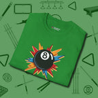 Eight Ball Excitement T-Shirt, folded view, in Irish Green fashion with break-and-run energy