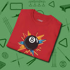 Eight Ball Excitement T-Shirt, folded view, in Red cue up respect every time you wear it