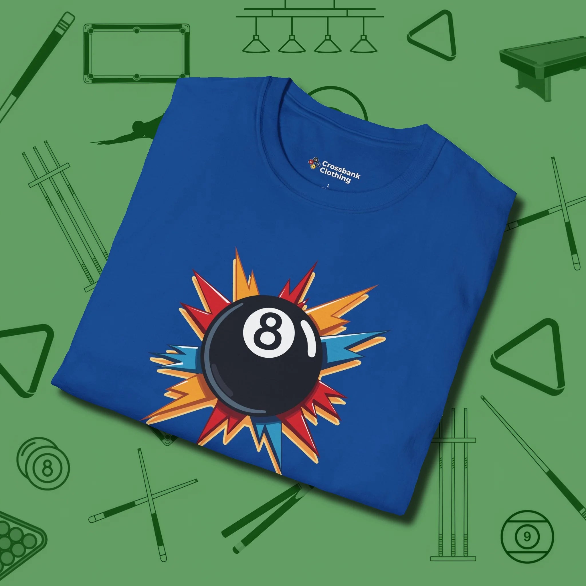Eight Ball Excitement T-Shirt, folded view, in Royal for hustlers who keep it honest