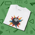 Eight Ball Excitement T-Shirt, folded view, in White play in style, win in silence