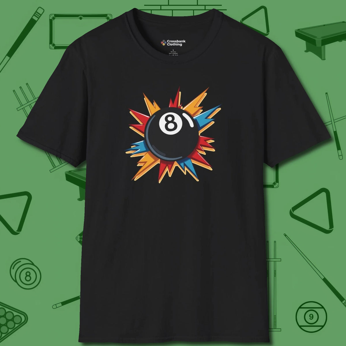 Eight Ball Excitement T-Shirt, front view, in Black classic cue style, no gimmicks