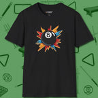 Eight Ball Excitement T-Shirt, front view, in Black classic cue style, no gimmicks