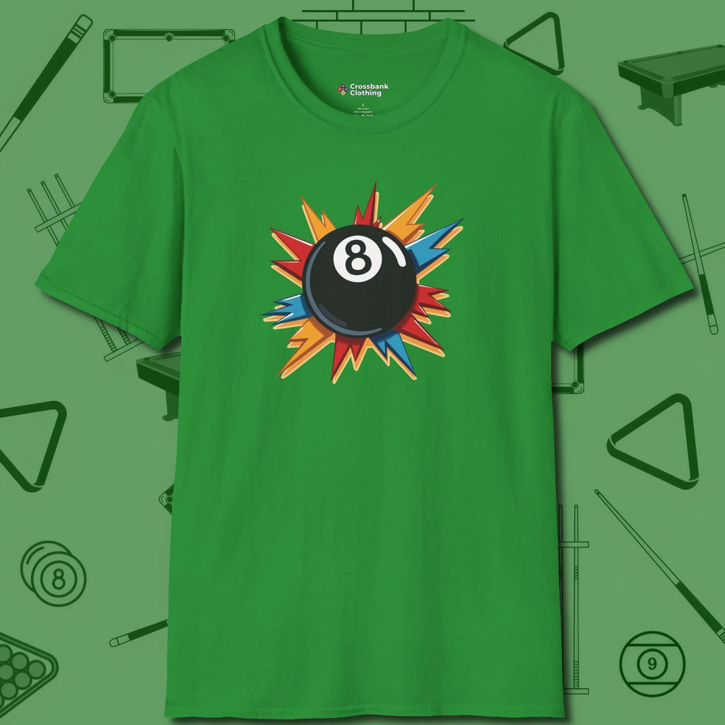 Eight Ball Excitement T-Shirt, front view, in Irish Green from chalk to clutch, look the part