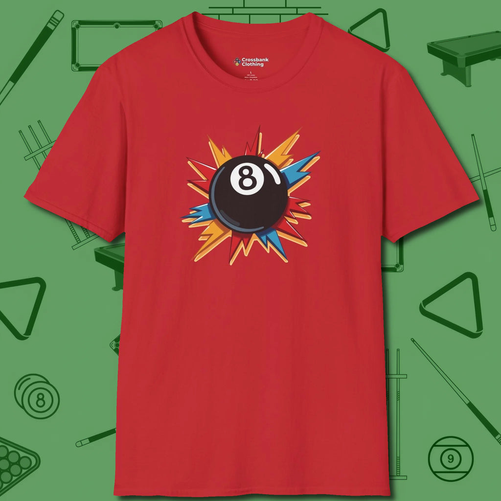 Eight Ball Excitement T-Shirt, front view, in Red smart apparel for strategic players