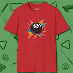 Eight Ball Excitement T-Shirt, front view, in Red smart apparel for strategic players