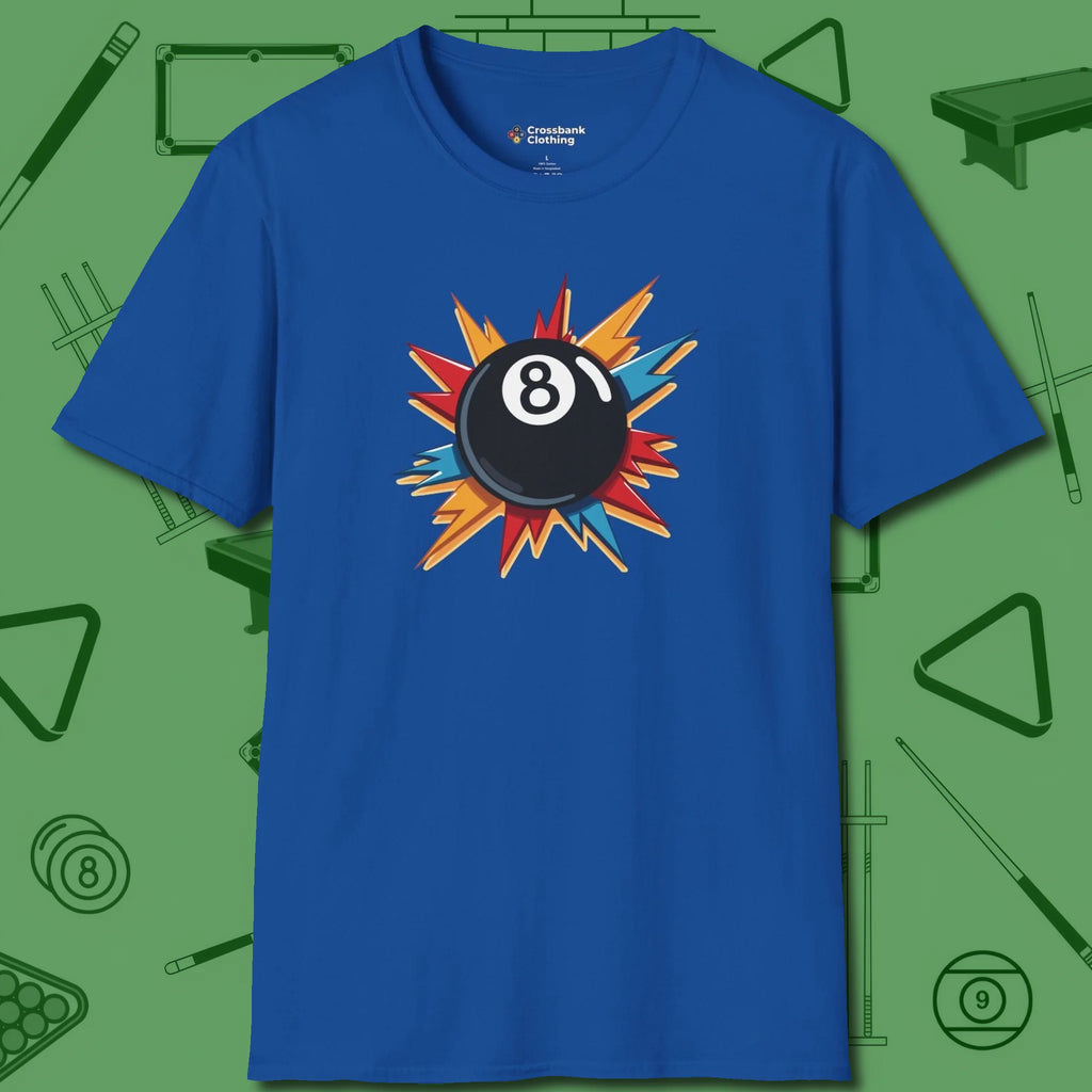 Eight Ball Excitement T-Shirt, front view, in Royal table-tested, street-approved style