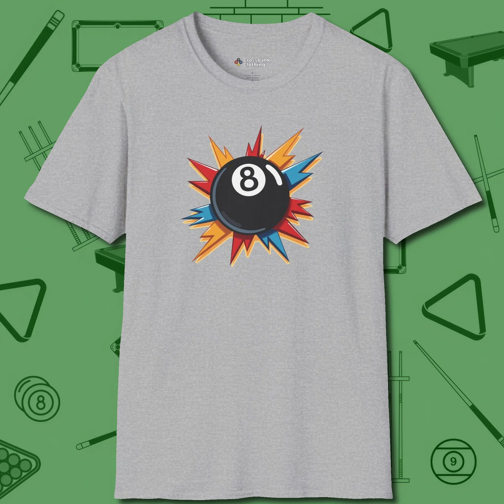 Eight Ball Excitement T-Shirt, front view, in Sport Grey style that banks as hard as you do