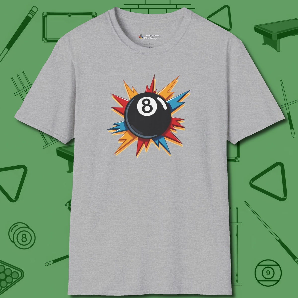 Eight Ball Excitement T-Shirt, front view, in Sport Grey style that banks as hard as you do