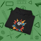 Eight Ball Excitement Hoodie, in Black color, billiards hoodie, folded view