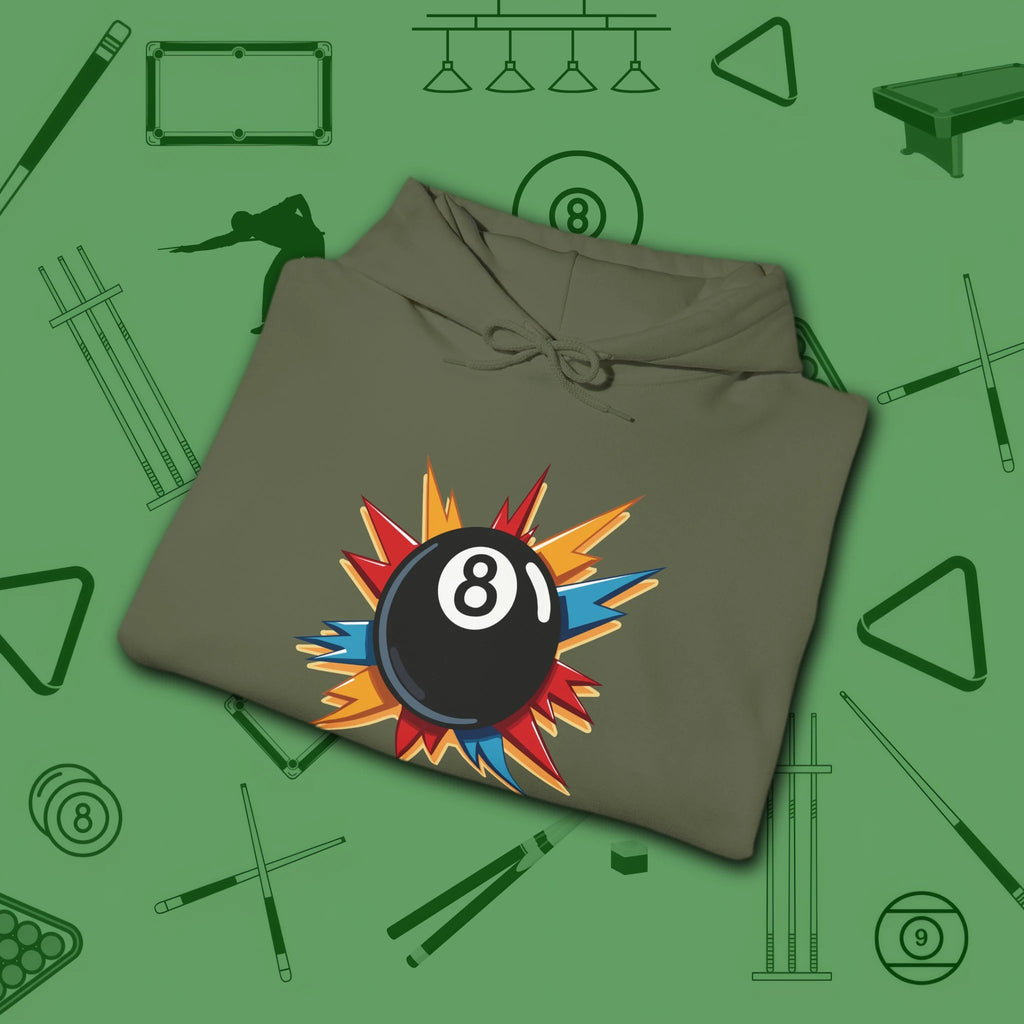 Eight Ball Excitement Hoodie, in Military Green color, billiards hoodie, folded view