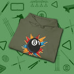 Eight Ball Excitement Hoodie, in Military Green color, billiards hoodie, folded view