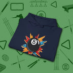 Eight Ball Excitement Hoodie, in Navy color, billiards hoodie, folded view