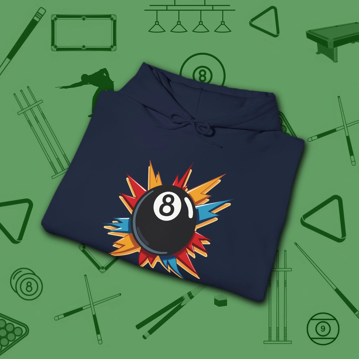 Eight Ball Excitement Hoodie, in Navy color, billiards hoodie, folded view