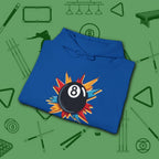 Eight Ball Excitement Hoodie, in Royal color, billiards hoodie, folded view