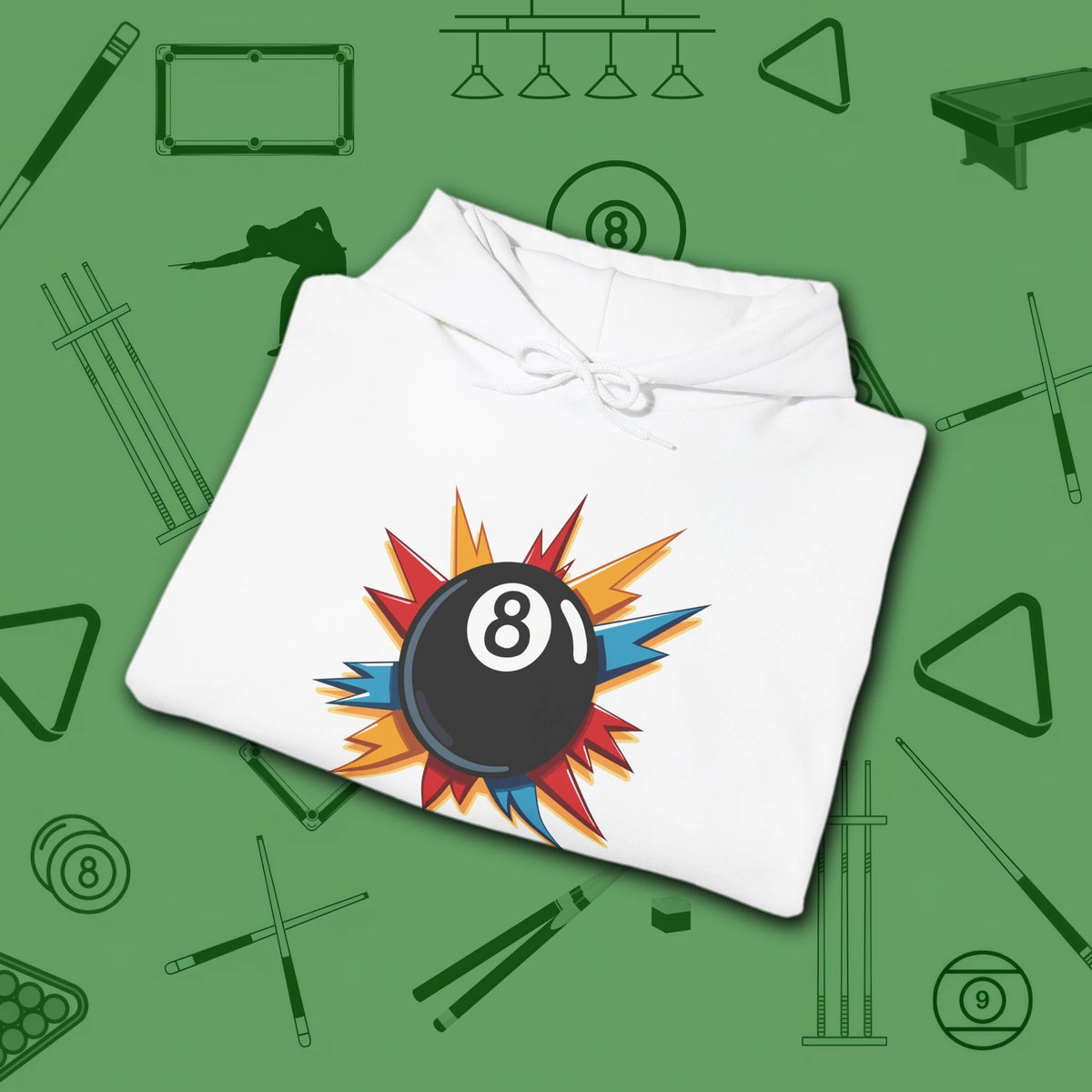 Eight Ball Excitement Hoodie, in White color, billiards hoodie, folded view