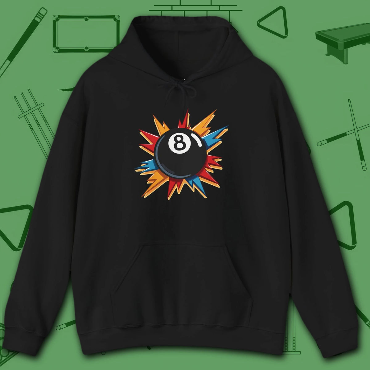 Eight Ball Excitement Hoodie, in Black color, billiards hoodie, front view